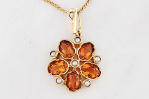 ANTIQUE EDWARDIAN CITRINE & SEED PEARL PENDANT 9ct GOLD