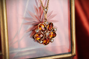 ANTIQUE EDWARDIAN CITRINE & SEED PEARL PENDANT 9ct GOLD