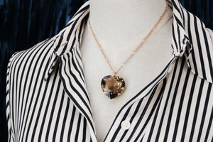 VINTAGE ESTATE 1966 SMOKY QUARTZ HEART PENDANT & CHAIN 12ct GOLD
