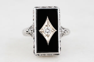 ART DECO c1930 ONYX & DIAMOND COCKTAIL RING 18ct WHITE GOLD