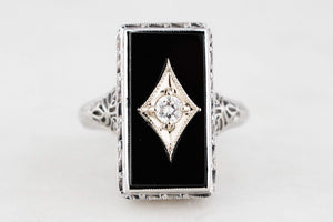 ART DECO c1930 ONYX & DIAMOND COCKTAIL RING 18ct WHITE GOLD