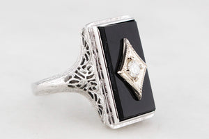 ART DECO c1930 ONYX & DIAMOND COCKTAIL RING 18ct WHITE GOLD