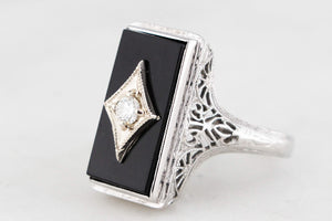 ART DECO c1930 ONYX & DIAMOND COCKTAIL RING 18ct WHITE GOLD