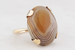 ANTIQUE EDWARDIAN c1910 BANDED AGATE COCKTAIL RING 9ct GOLD
