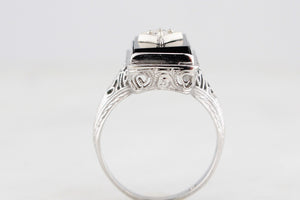 ART DECO c1930 ONYX & DIAMOND COCKTAIL RING 18ct WHITE GOLD