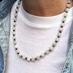 BESPOKE MOONSTONE & RUBY ZOISITE NECKLACE 9ct GOLD