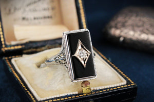 ART DECO c1930 ONYX & DIAMOND COCKTAIL RING 18ct WHITE GOLD