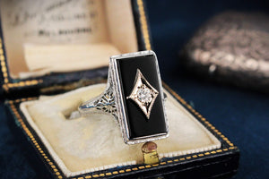 ART DECO c1930 ONYX & DIAMOND COCKTAIL RING 18ct WHITE GOLD