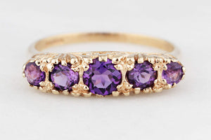 VINTAGE AMETHYST FIVE STONE RING 9ct GOLD