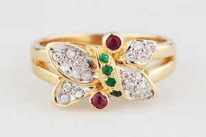 VINTAGE RUBY EMERALD & DIAMOND RING 18ct GOLD