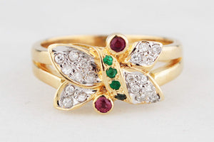 VINTAGE RUBY EMERALD & DIAMOND RING 18ct GOLD