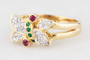 VINTAGE RUBY EMERALD & DIAMOND RING 18ct GOLD