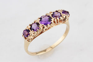 VINTAGE AMETHYST FIVE STONE RING 9ct GOLD