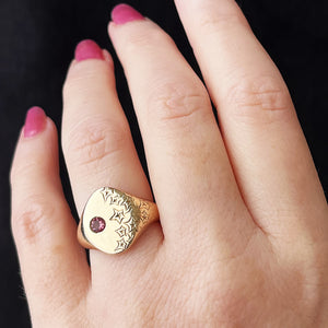 BESPOKE ENGRAVED PINK SAPPHIRE SIGNET RING 9ct GOLD