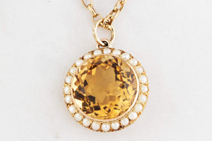 ANTIQUE EDWARDIAN CITRINE & PEARL PENDANT 9ct GOLD