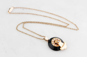 ANTIQUE EDWARDIAN ONYX & SEED PEARL PENDANT & CHAIN 9ct GOLD