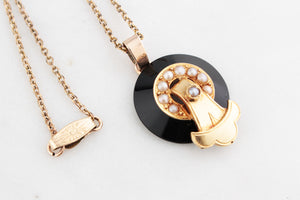 ANTIQUE EDWARDIAN ONYX & SEED PEARL PENDANT & CHAIN 9ct GOLD