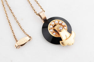 ANTIQUE EDWARDIAN ONYX & SEED PEARL PENDANT & CHAIN 9ct GOLD
