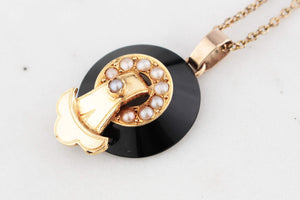 ANTIQUE EDWARDIAN ONYX & SEED PEARL PENDANT & CHAIN 9ct GOLD