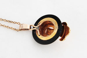 ANTIQUE EDWARDIAN ONYX & SEED PEARL PENDANT & CHAIN 9ct GOLD