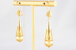 ANTIQUE VICTORIAN CANNETILLE PENDELOQUE EARRINGS 15ct GOLD