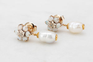 BESPOKE VINTAGE OPAL, DIAMOND & PEARL EARRINGS 9ct GOLD