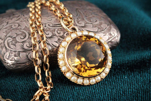 ANTIQUE EDWARDIAN CITRINE & PEARL PENDANT 9ct GOLD
