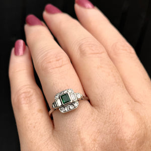 ART DECO c1930 EMERALD & DIAMOND RING 18ct WHITE GOLD