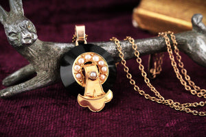 ANTIQUE EDWARDIAN ONYX & SEED PEARL PENDANT & CHAIN 9ct GOLD