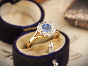 ANTIQUE EDWARDIAN CEYLON SAPPHIRE & DIAMOND DAISY RING 18ct GOLD
