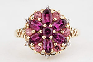 RETRO PYROPE GARNET, TOURMALINE & DIAMOND RING 9ct GOLD