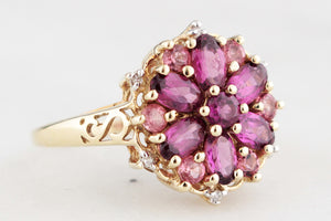 RETRO PYROPE GARNET, TOURMALINE & DIAMOND RING 9ct GOLD