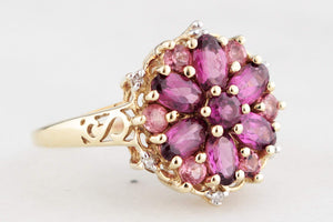 RETRO PYROPE GARNET, TOURMALINE & DIAMOND RING 9ct GOLD