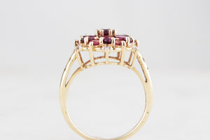 RETRO PYROPE GARNET, TOURMALINE & DIAMOND RING 9ct GOLD