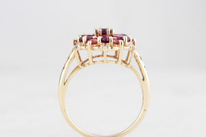 RETRO PYROPE GARNET, TOURMALINE & DIAMOND RING 9ct GOLD