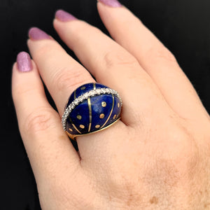 VINTAGE c1940 LAPIS LAZULI & DIAMOND BOMBE RING 14ct YELLOW GOLD