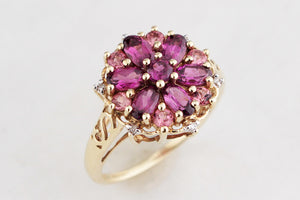 RETRO PYROPE GARNET, TOURMALINE & DIAMOND RING 9ct GOLD