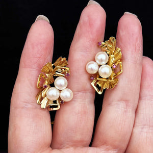 MID-CENTURY c1960’s PEARL & RUBY EARRINGS 14ct GOLD