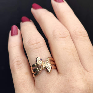 ANTIQUE EDWARDIAN c1910 DOUBLE RUBY SNAKE RING 9ct ROSE GOLD