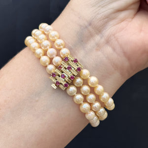 VINTAGE MID CENTYURY c1960 TRIPLE ROW PEARL & RUBY BRACELET 14ct YELLOW GOLD