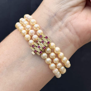 VINTAGE MID CENTYURY c1960 TRIPLE ROW PEARL & RUBY BRACELET 14ct YELLOW GOLD