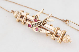 ANTIQUE AUSTRALIAN RUBY AND SEED PEARL SWALLOW BROOCH 9ct GOLD