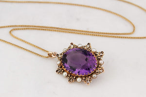 ANTIQUE VICTORIAN c1880 AMETHYST AND PEARL PENDANT 9ct GOLD