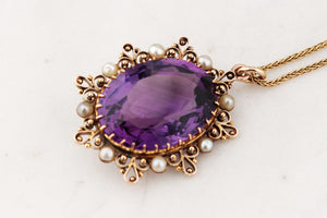 ANTIQUE VICTORIAN c1880 AMETHYST AND PEARL PENDANT 9ct GOLD