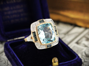 MODERN ART DECO STYLE TOPAZ SAPPHIRE & DIAMOND RING 9ct GOLD
