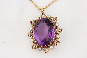 ANTIQUE VICTORIAN c1880 AMETHYST AND PEARL PENDANT 9ct GOLD