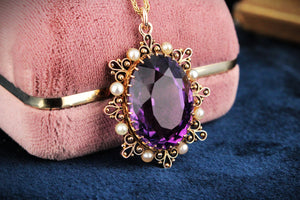 ANTIQUE VICTORIAN c1880 AMETHYST AND PEARL PENDANT 9ct GOLD