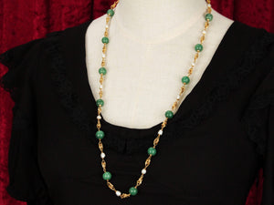 VINTAGE AVENTURINE QUARTZ & KESHI PEARL NECKLACE 18ct GOLD
