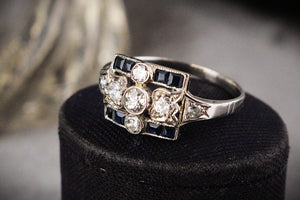 ANTQIUE ART DECO c1920 PLATINUM DIAMOND & SAPPHIRE RING