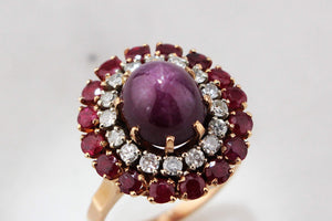 VINTAGE c1940 6ct STAR RUBY, RUBY & DIAMOND RING 18ct GOLD